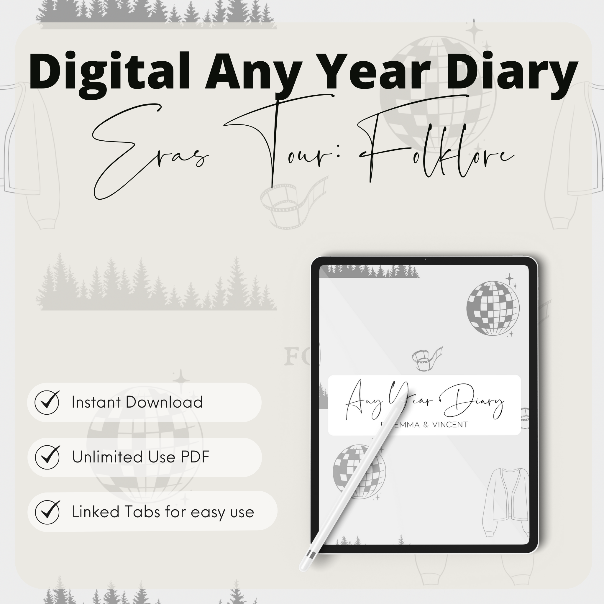 DIGITAL ANY YEAR DIARY (Folklore Print - The Eras Tour)